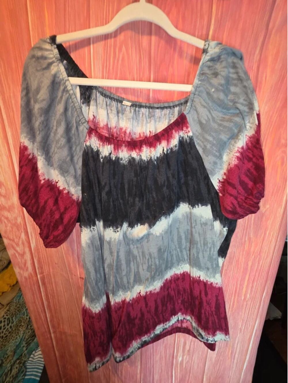 Tie Dye Burgundy Black Gray Scoop Neck Puff Sleeve Peasant Top 2X Plus